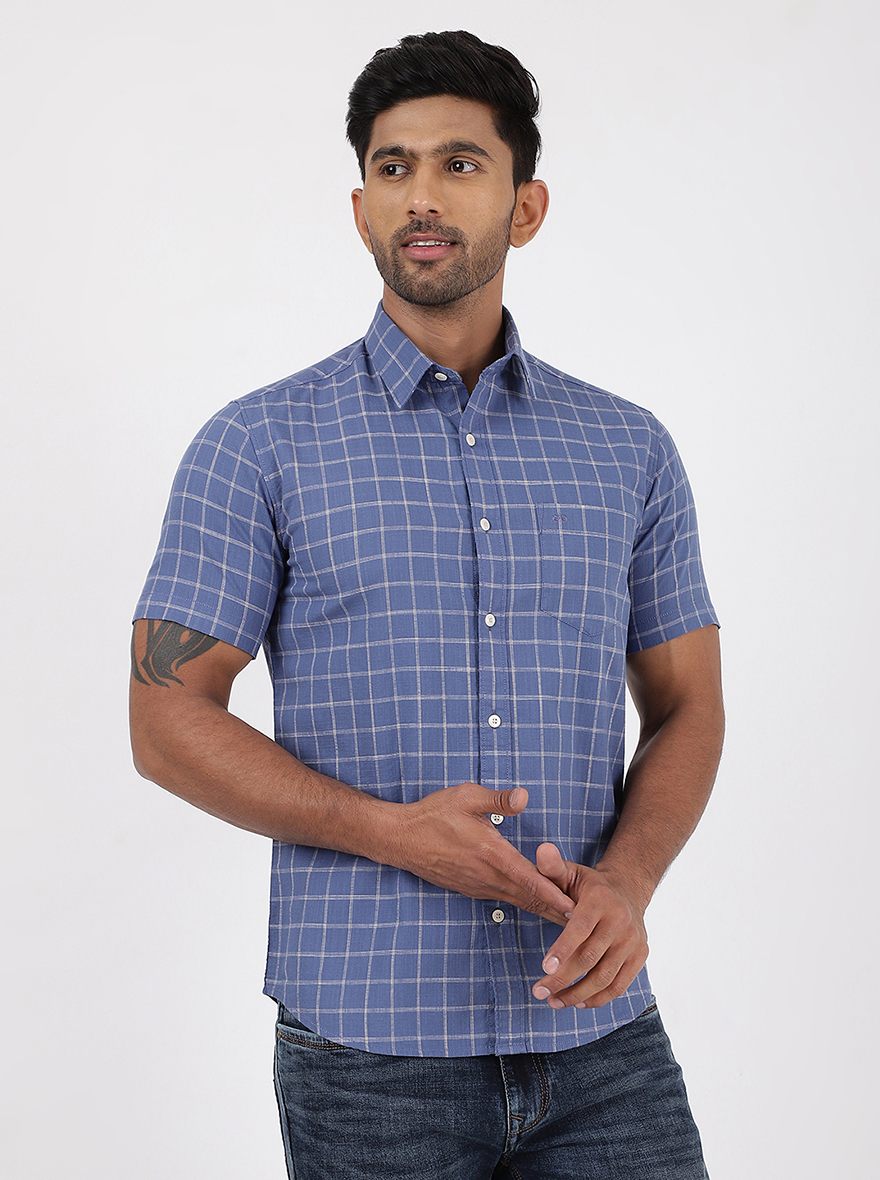 Blue Checked Slim Fit Casual Shirt | pehervi