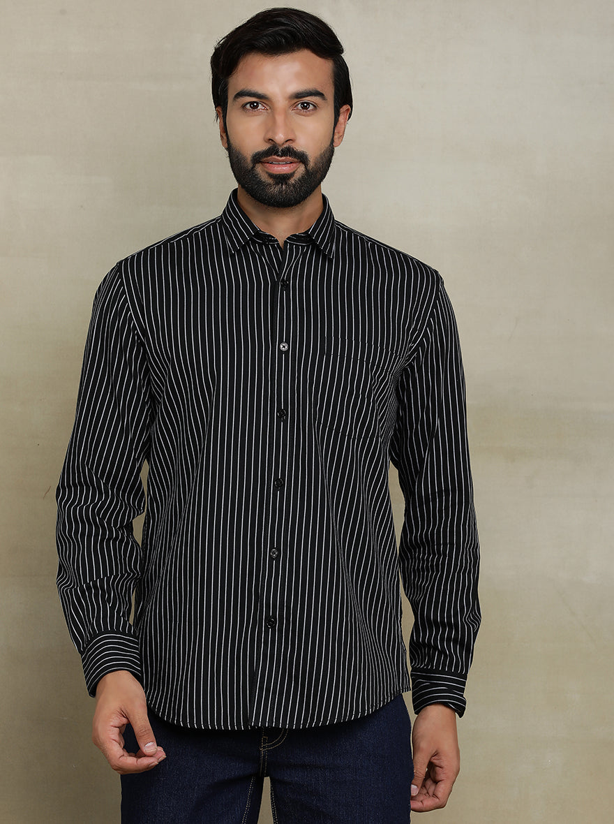 Black Striped Tailored Fit Semi Casual Shirt | Pehervi