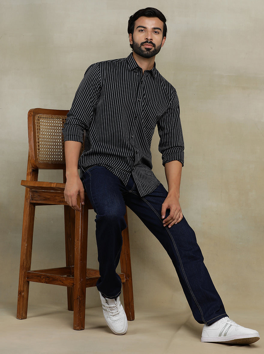 Black Striped Tailored Fit Semi Casual Shirt | Pehervi