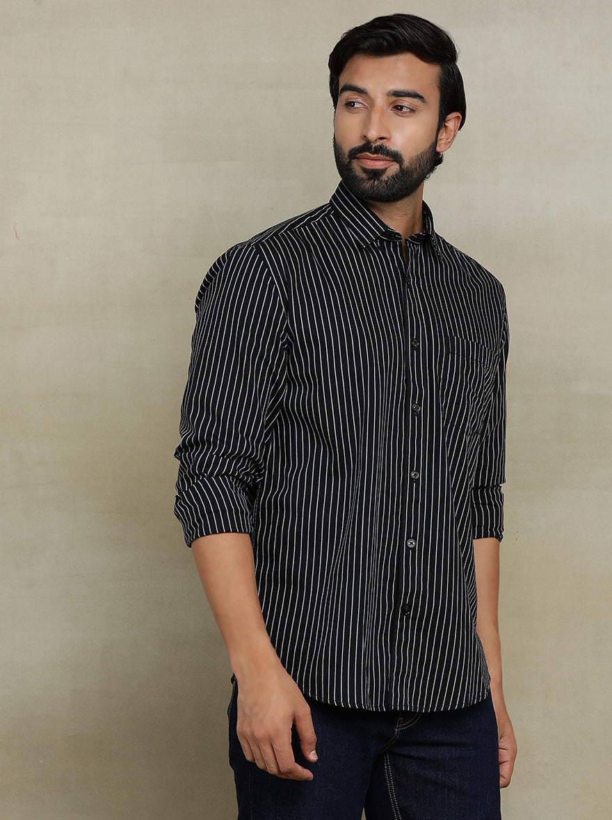 Black Striped Tailored Fit Semi Casual Shirt | Pehervi