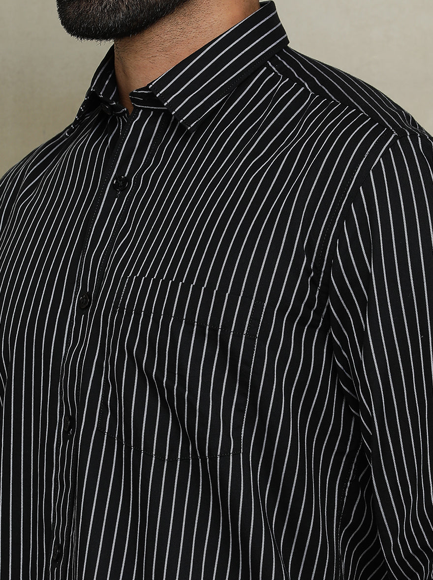 Black Striped Tailored Fit Semi Casual Shirt | Pehervi