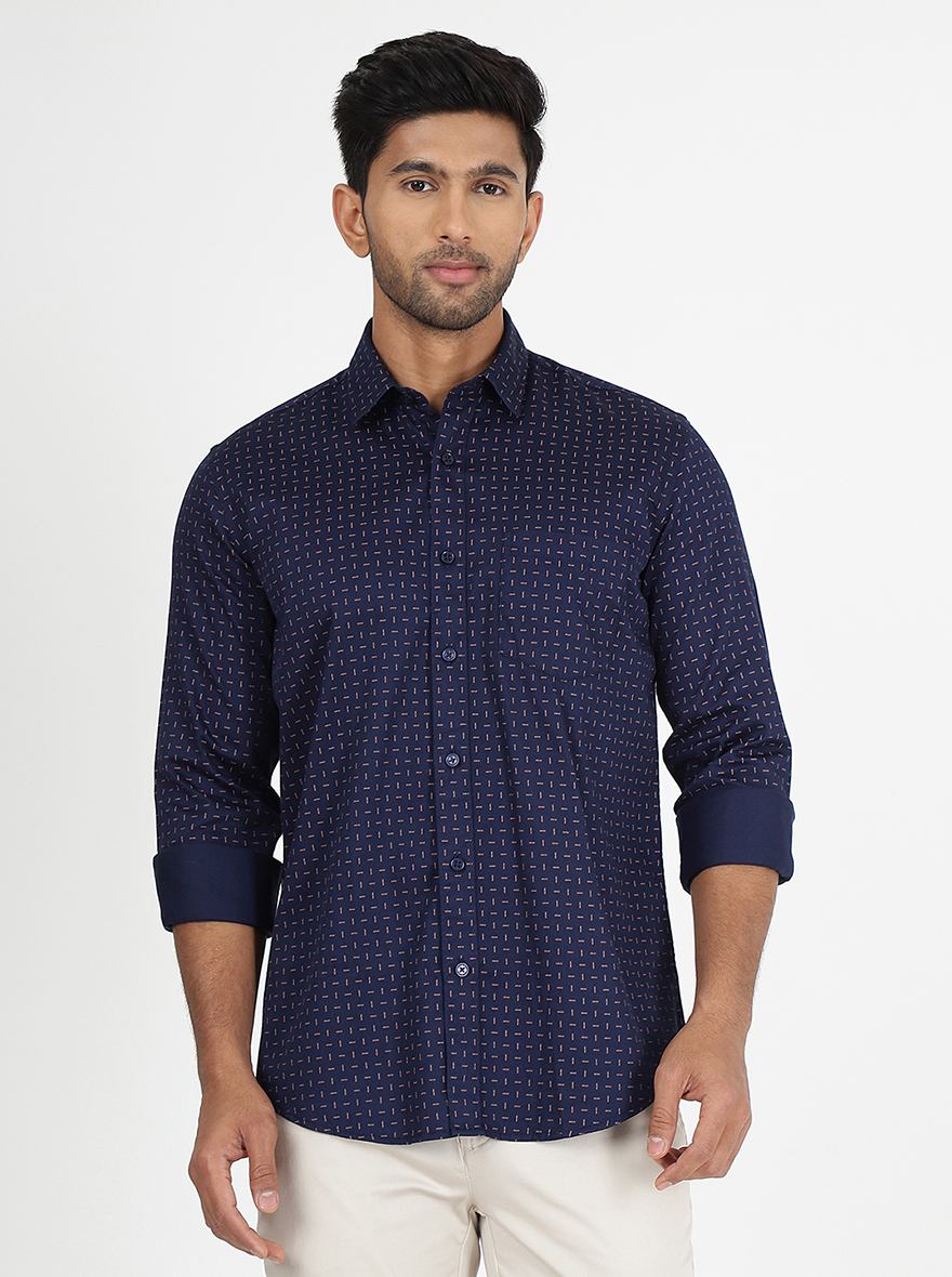 Navy Blue Printed Slim Fit Semi Casual Shirt | Pehervi