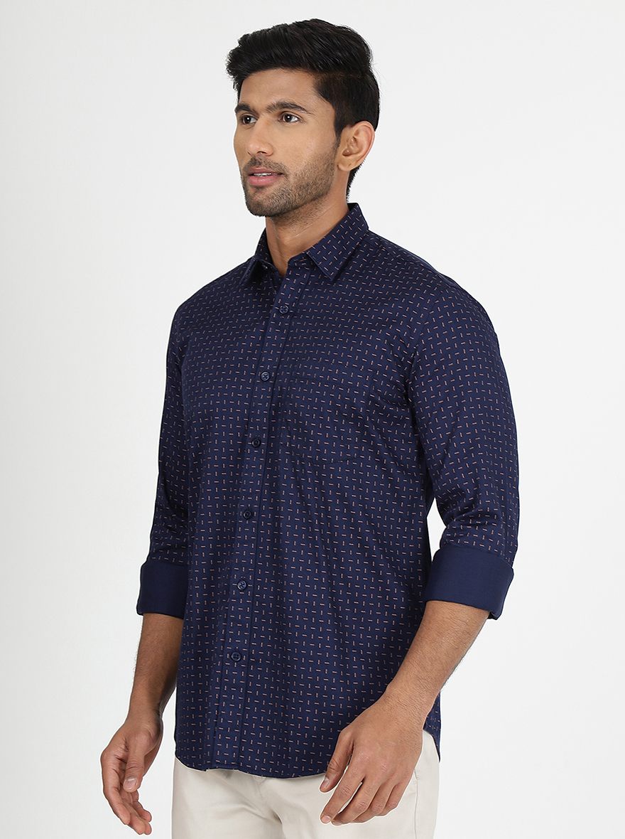 Navy Blue Printed Slim Fit Semi Casual Shirt | Pehervi