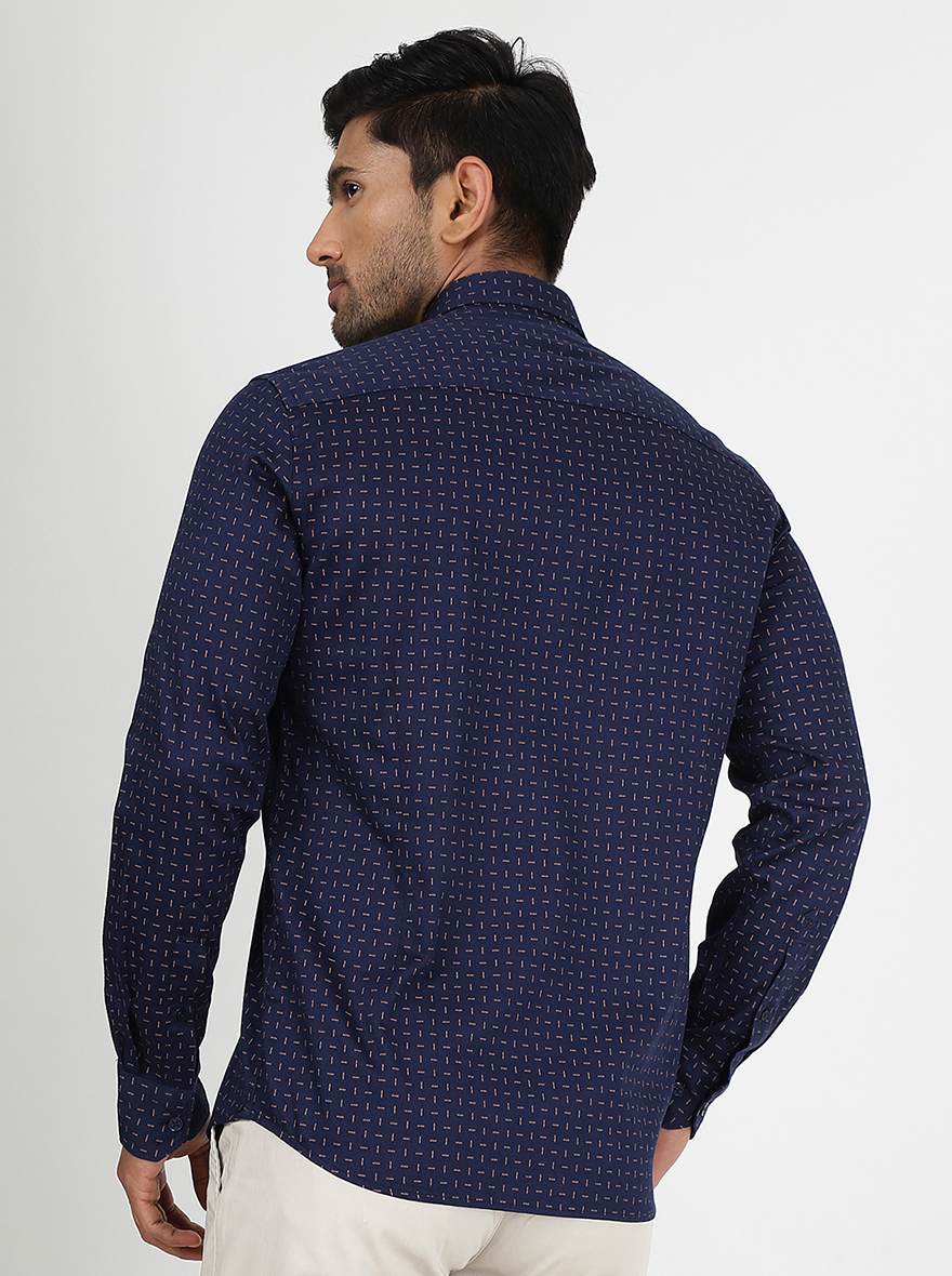 Navy Blue Printed Slim Fit Semi Casual Shirt | Pehervi