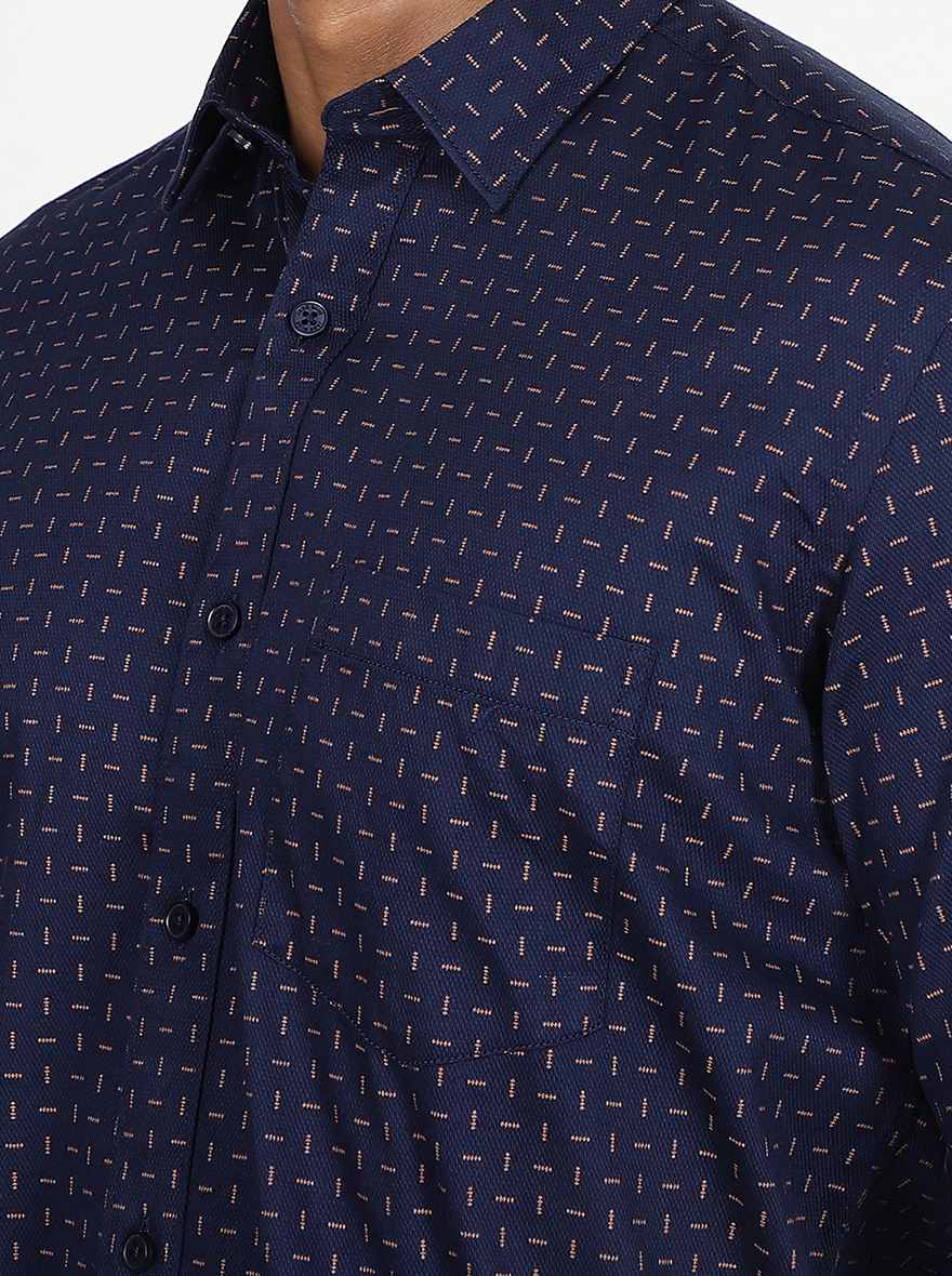 Navy Blue Printed Slim Fit Semi Casual Shirt | Pehervi
