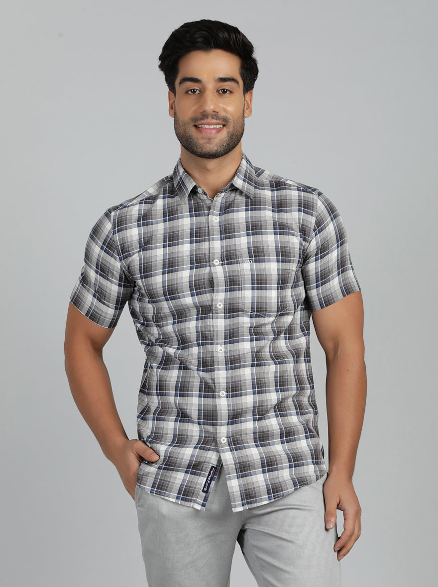 Grey Checked Slim Fit Casual Shirt | pehervi