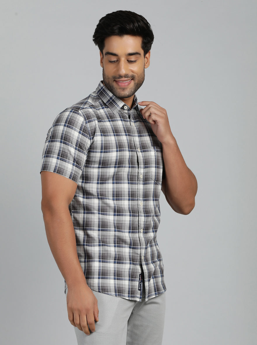 Grey Checked Slim Fit Casual Shirt | pehervi