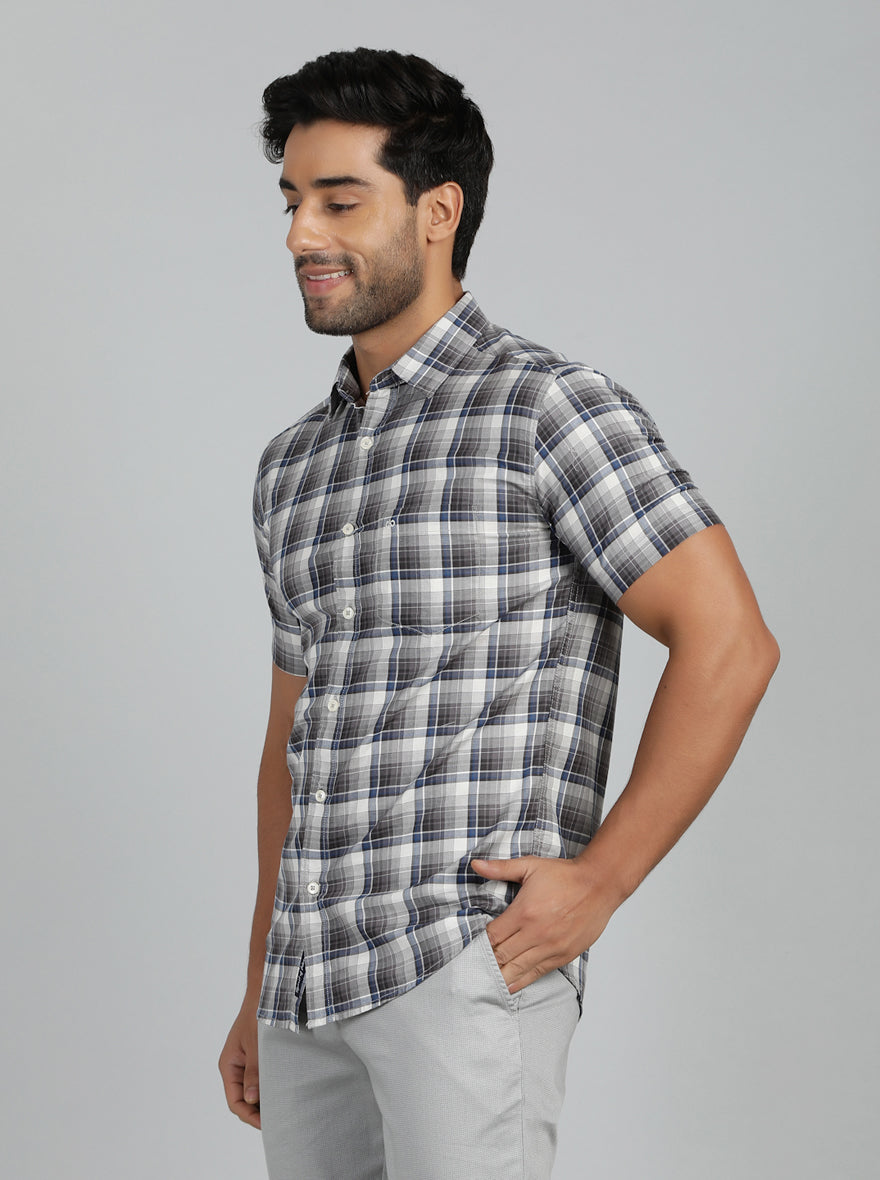 Grey Checked Slim Fit Casual Shirt | pehervi