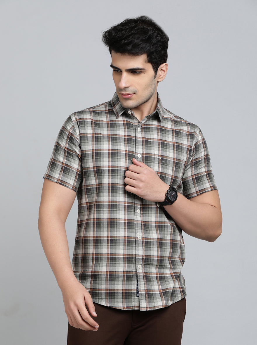 Olive Green Checked Slim Fit Casual Shirt | pehervi
