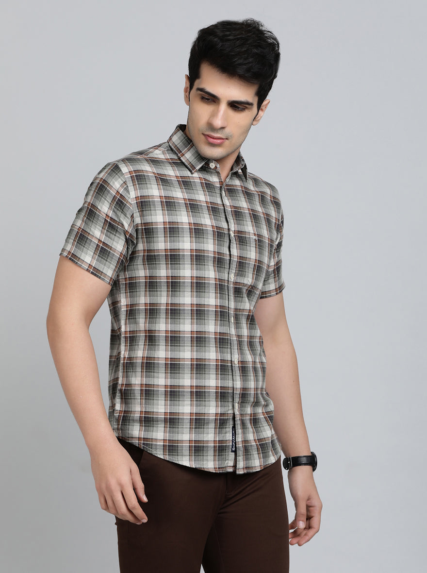 Olive Green Checked Slim Fit Casual Shirt | pehervi