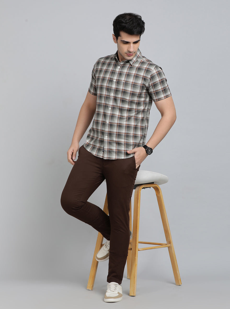 Olive Green Checked Slim Fit Casual Shirt | pehervi