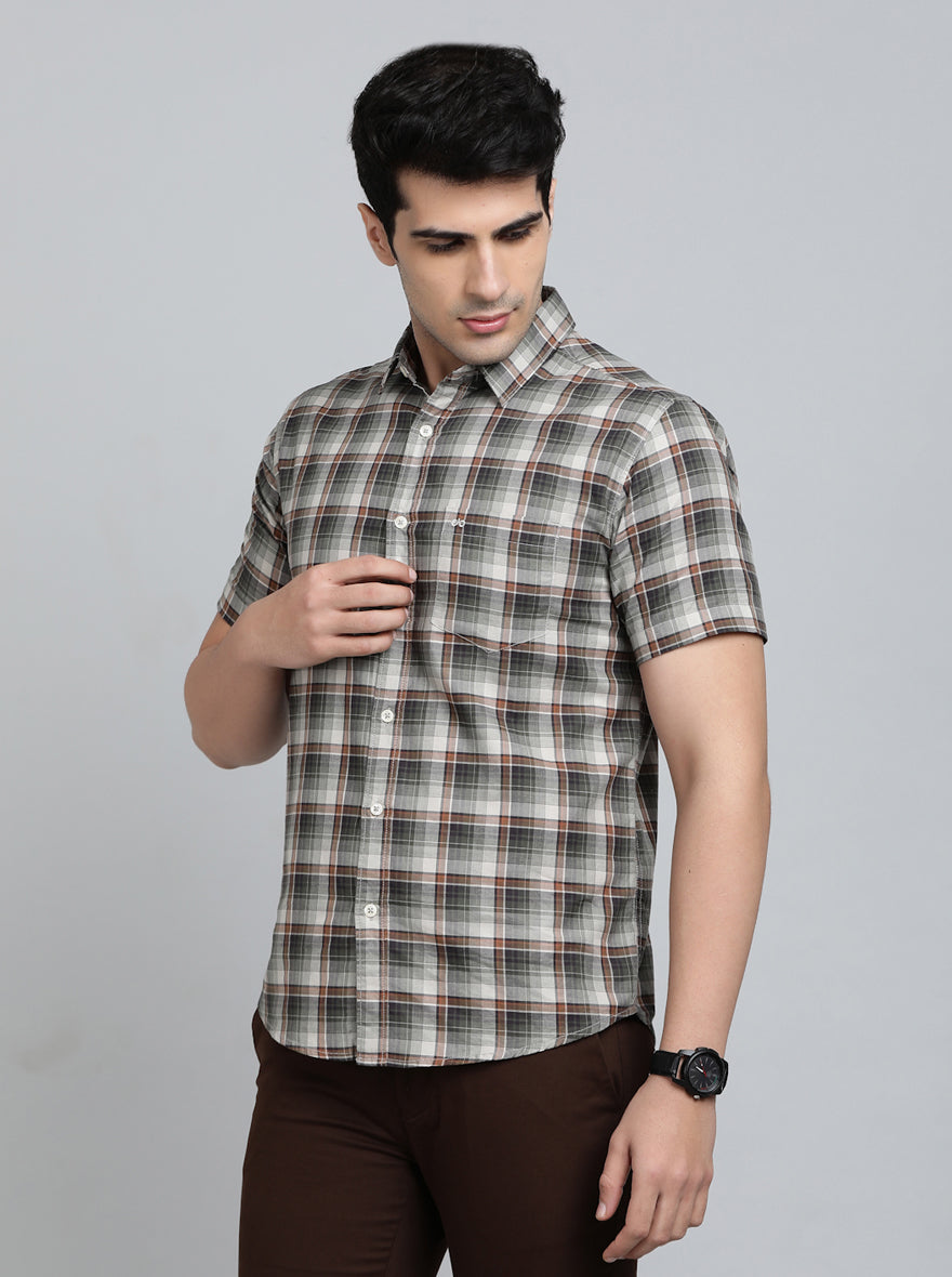 Olive Green Checked Slim Fit Casual Shirt | pehervi