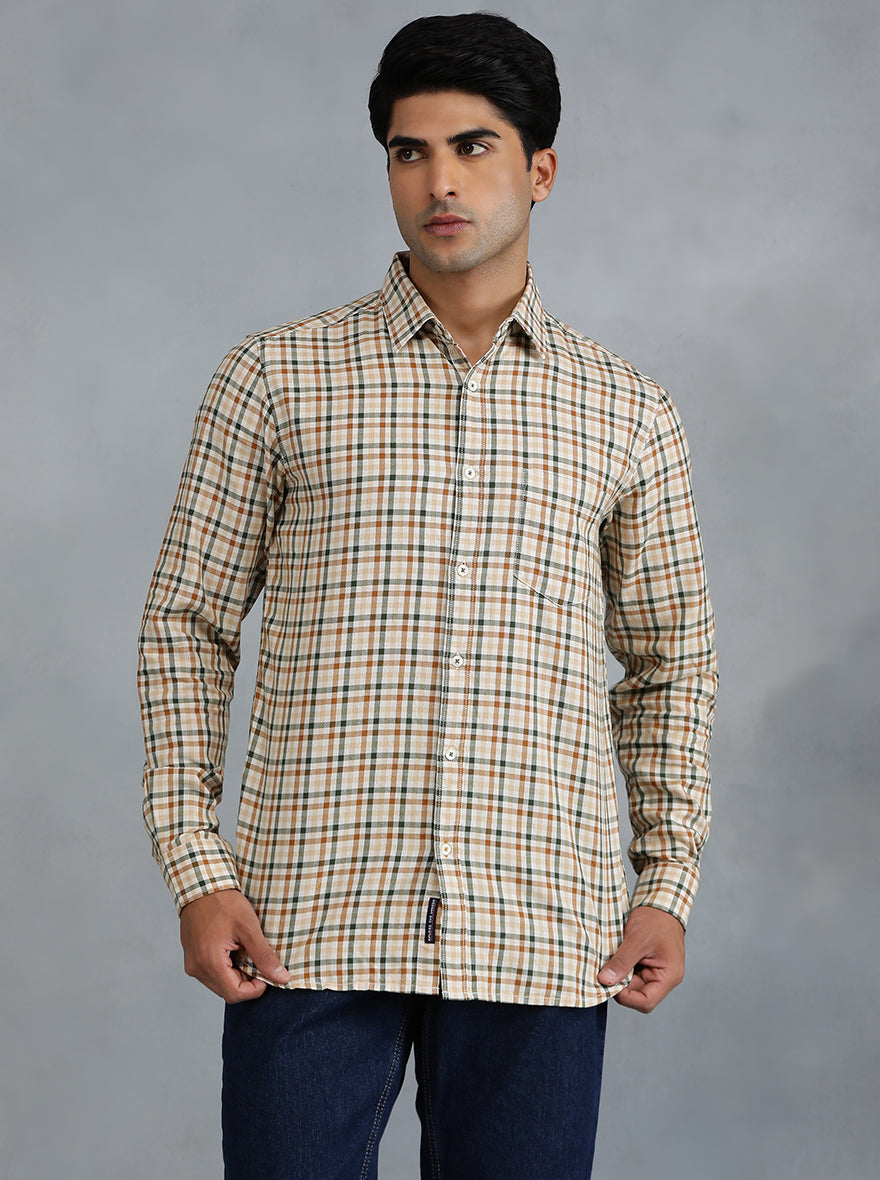 Light Brown Checked Slim Fit Casual Shirt | pehervi