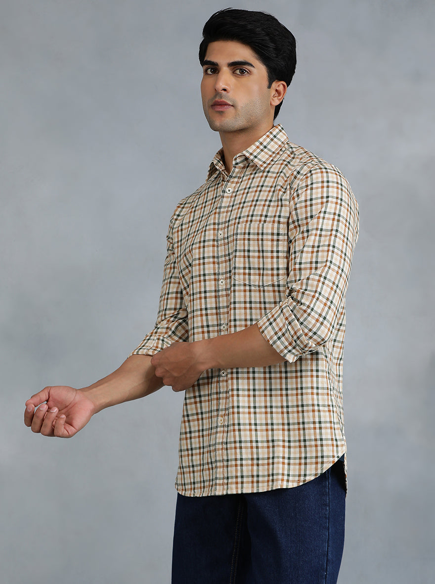 Light Brown Checked Slim Fit Casual Shirt | pehervi