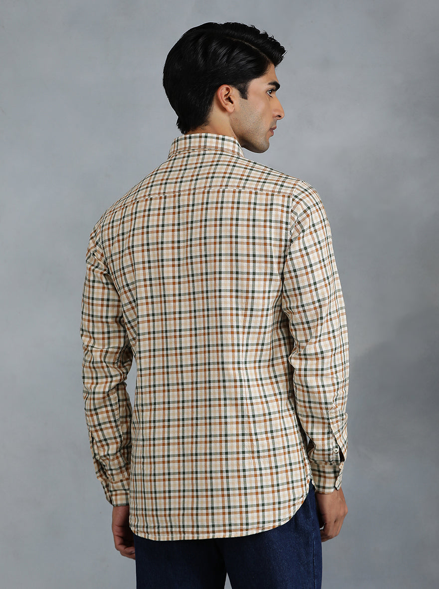 Light Brown Checked Slim Fit Casual Shirt | pehervi