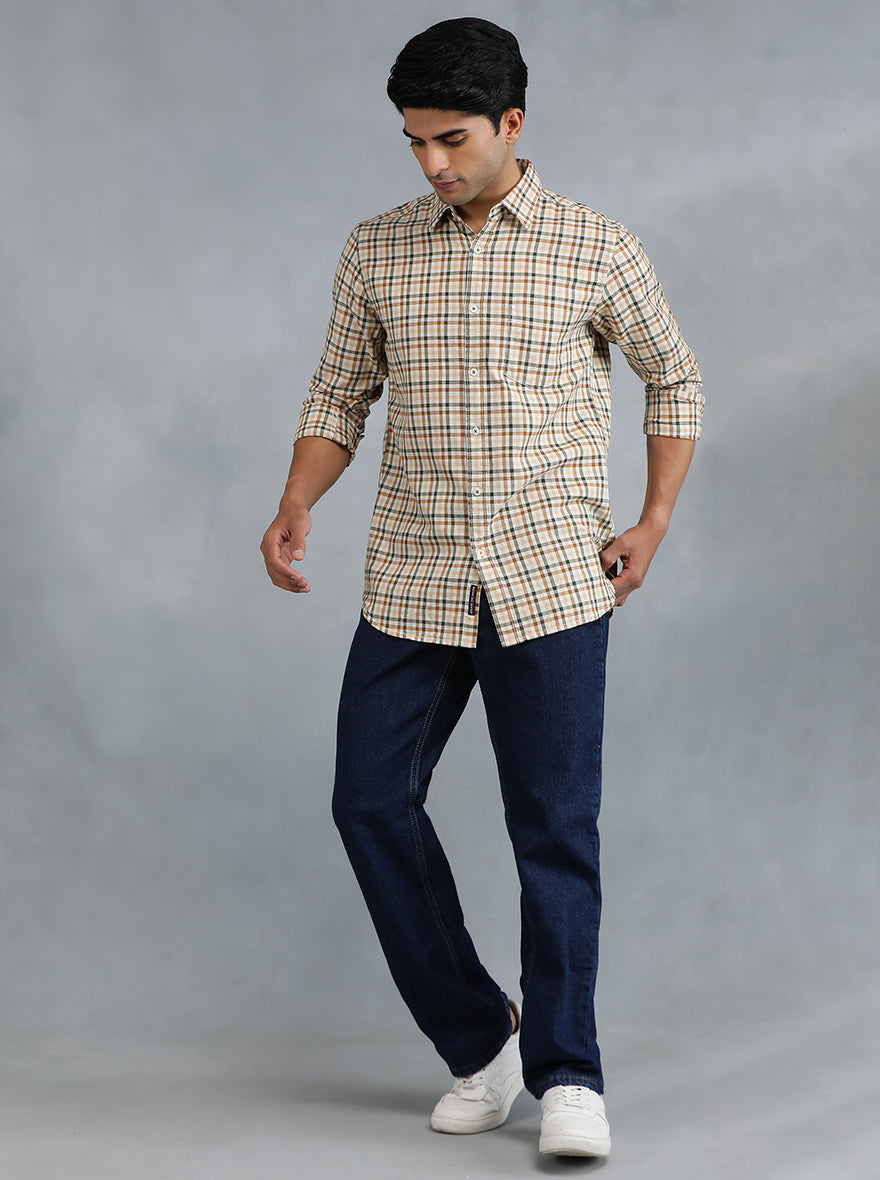 Light Brown Checked Slim Fit Casual Shirt | pehervi