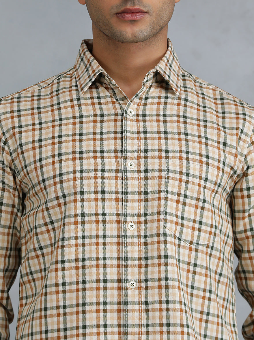Light Brown Checked Slim Fit Casual Shirt | pehervi