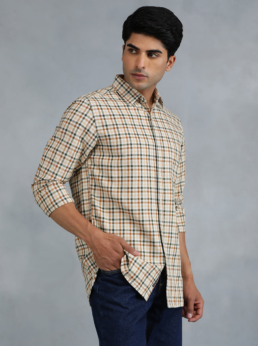 Light Brown Checked Slim Fit Casual Shirt | pehervi