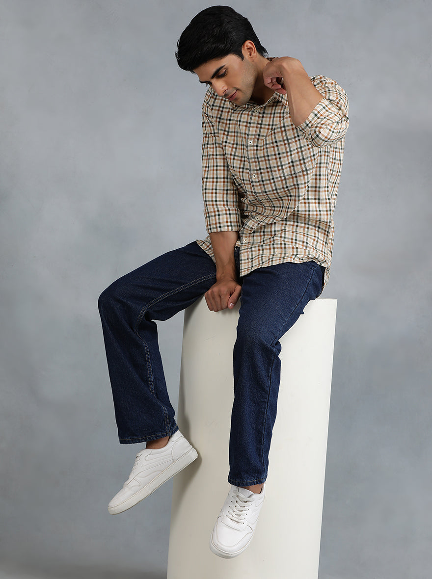 Light Brown Checked Slim Fit Casual Shirt | pehervi