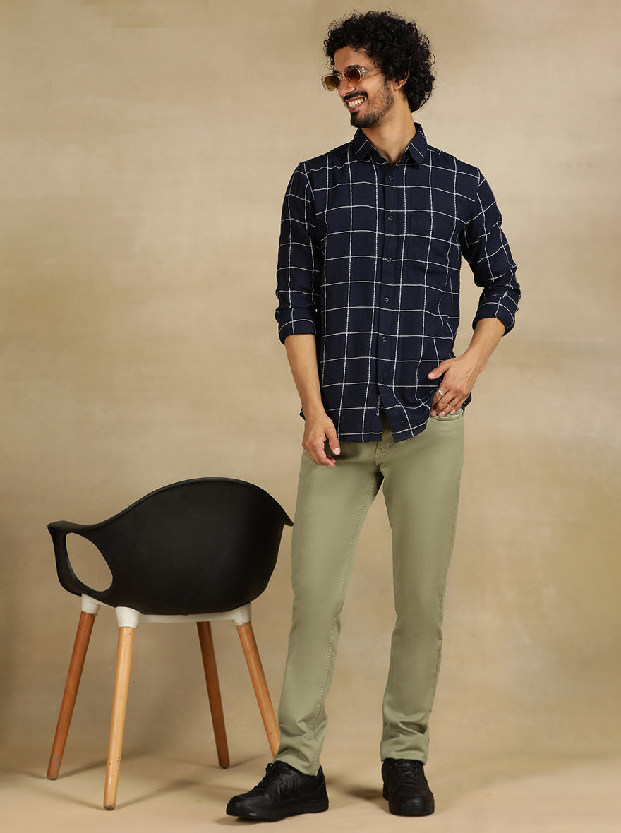 Navy Blue Checked Slim Fit Casual Shirt | pehervi