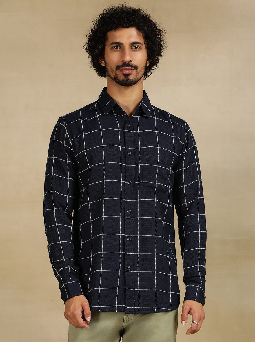 Navy Blue Checked Slim Fit Casual Shirt | pehervi