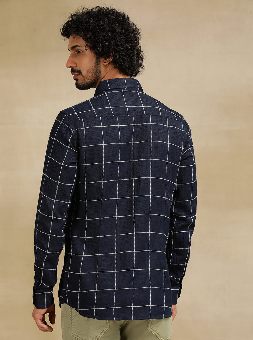 Navy Blue Checked Slim Fit Casual Shirt | pehervi