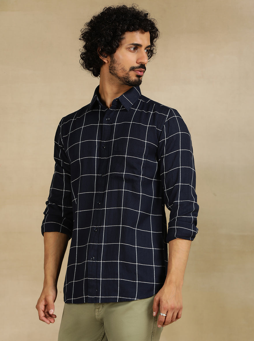 Navy Blue Checked Slim Fit Casual Shirt | pehervi