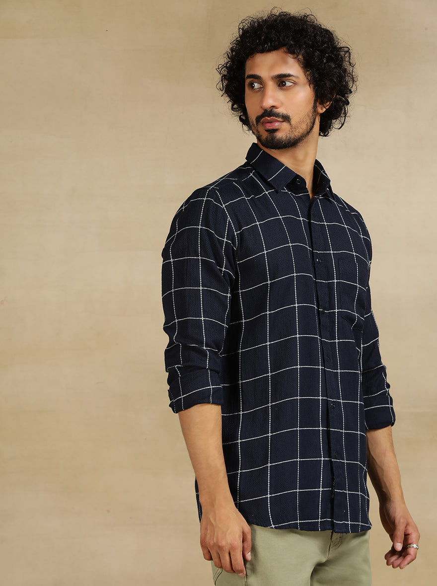 Navy Blue Checked Slim Fit Casual Shirt | pehervi