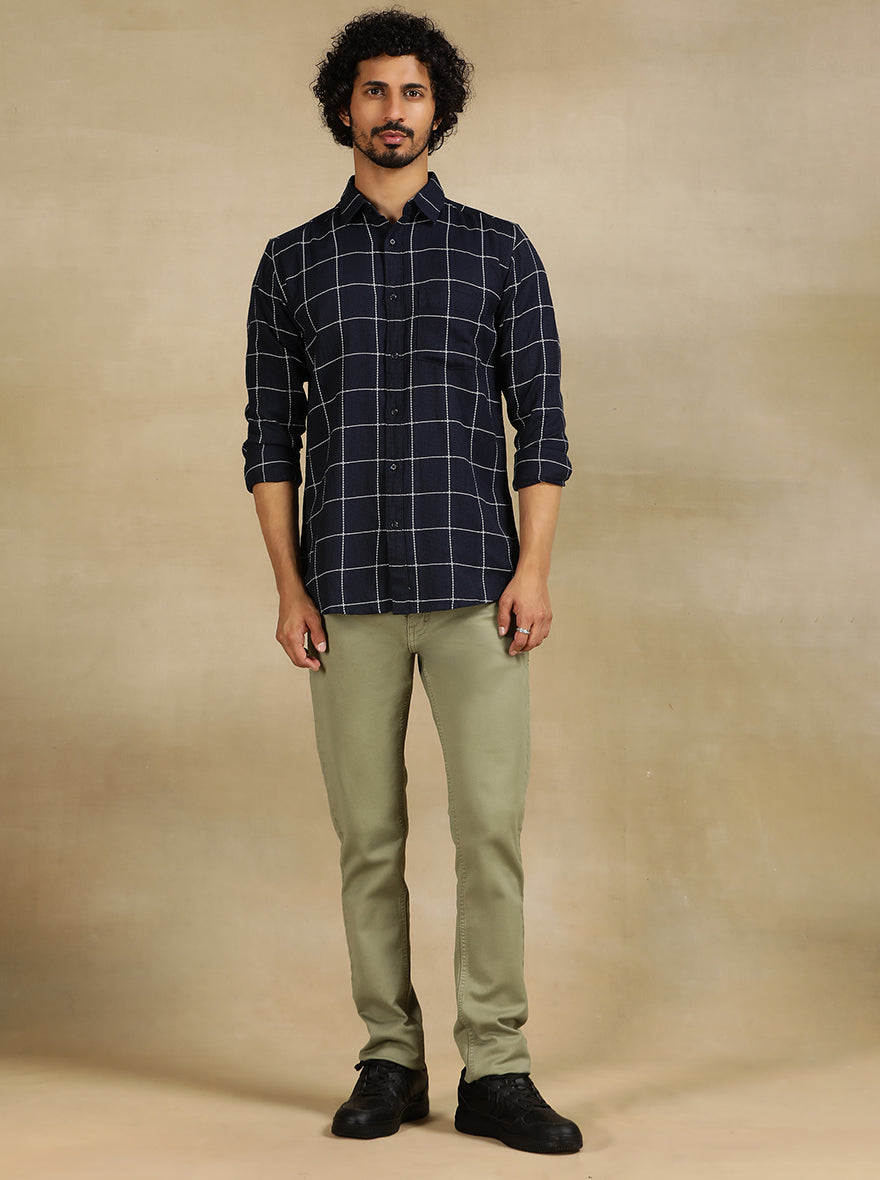 Navy Blue Checked Slim Fit Casual Shirt | pehervi