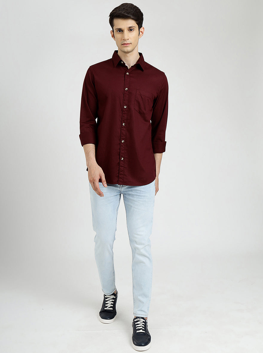 Wine Solid Slim Fit Casual Shirt | pehervi