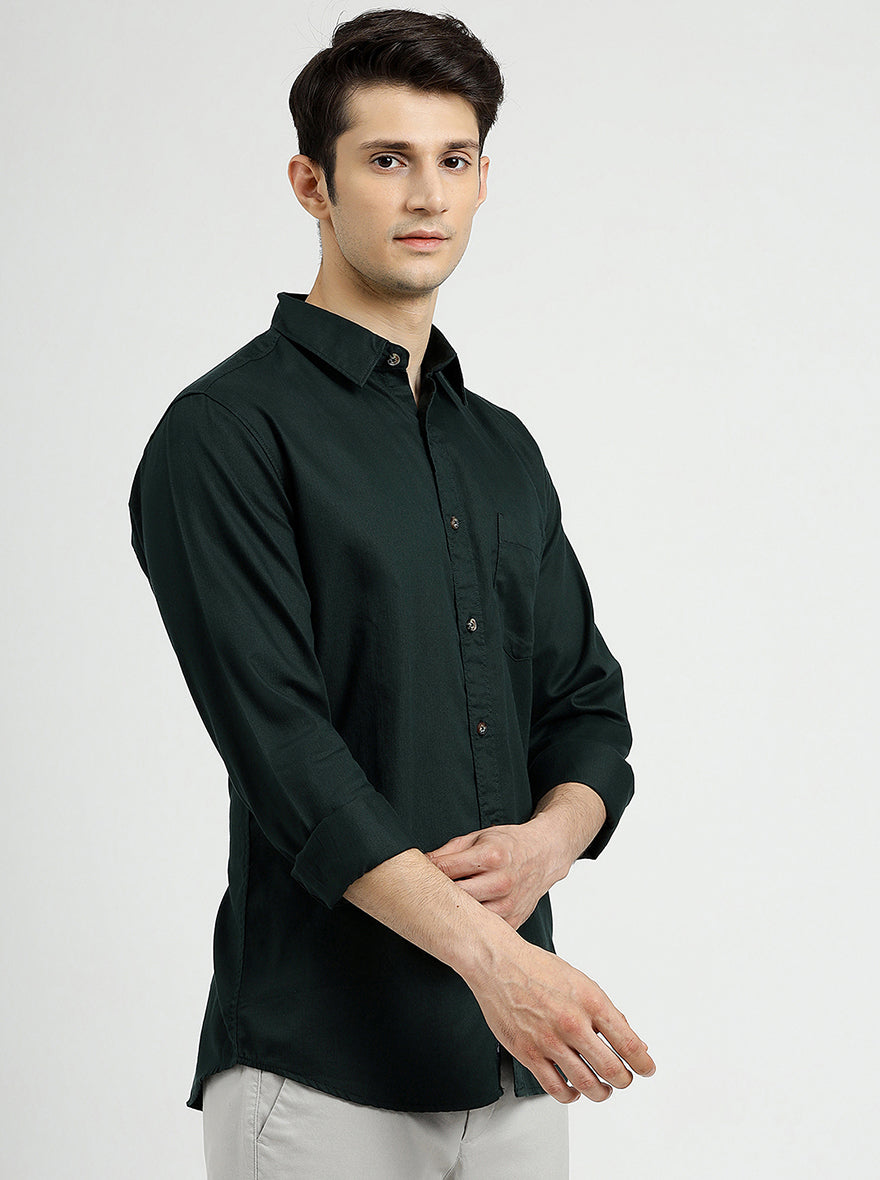 Bottle Green Solid Slim Fit Casual Shirt | pehervi