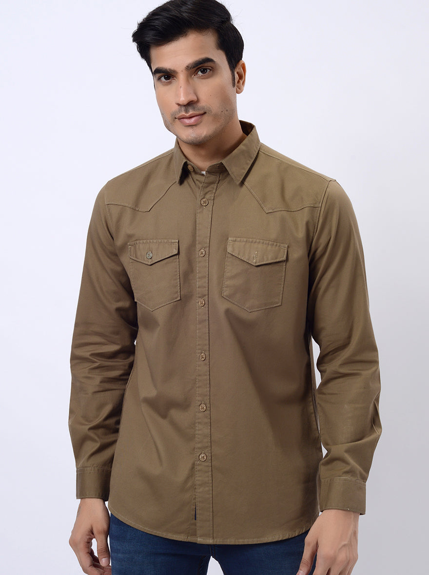 Khaki Solid Slim Fit Casual Shirt | pehervi