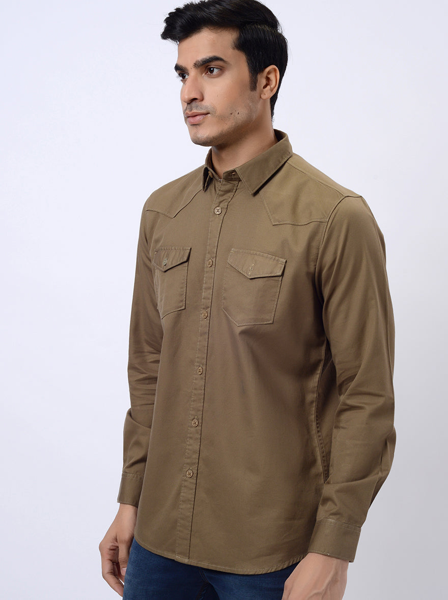Khaki Solid Slim Fit Casual Shirt | pehervi