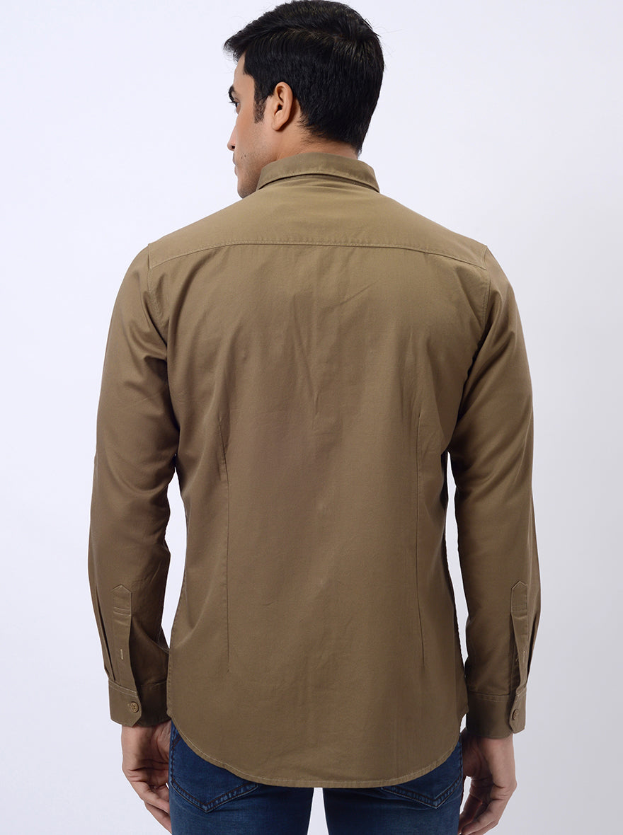 Khaki Solid Slim Fit Casual Shirt | pehervi