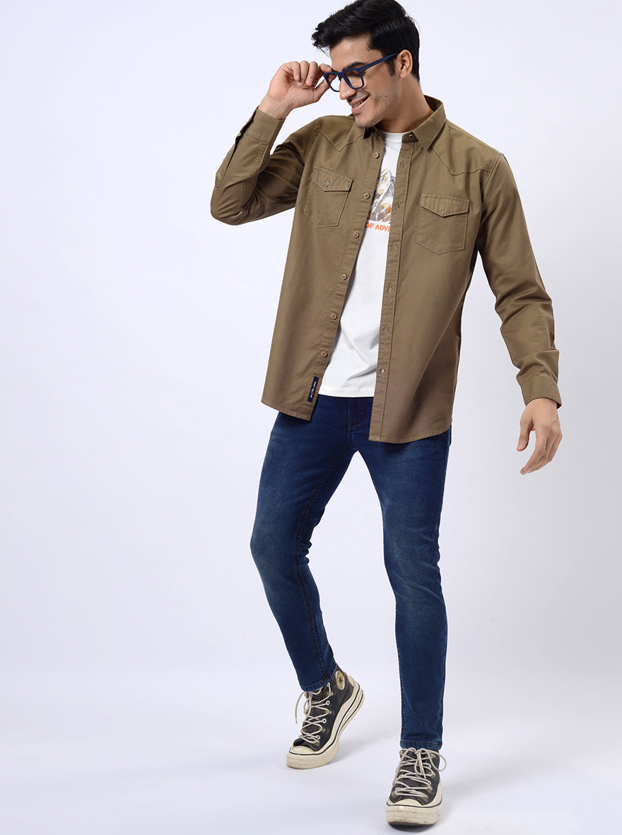 Khaki Solid Slim Fit Casual Shirt | pehervi