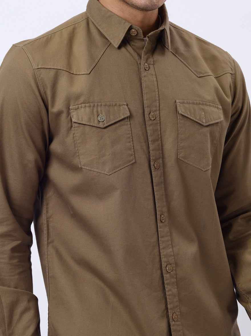 Khaki Solid Slim Fit Casual Shirt | pehervi