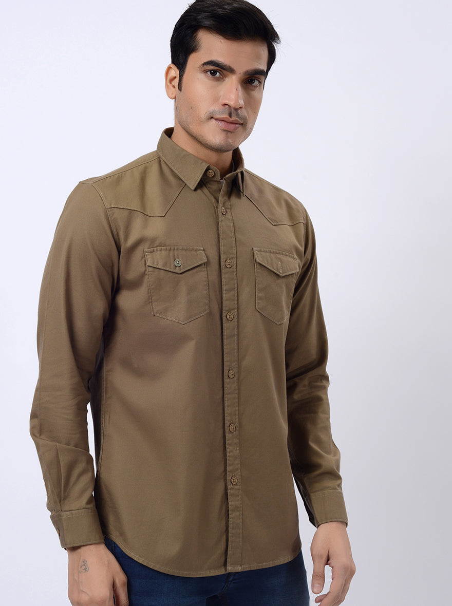 Khaki Solid Slim Fit Casual Shirt | pehervi