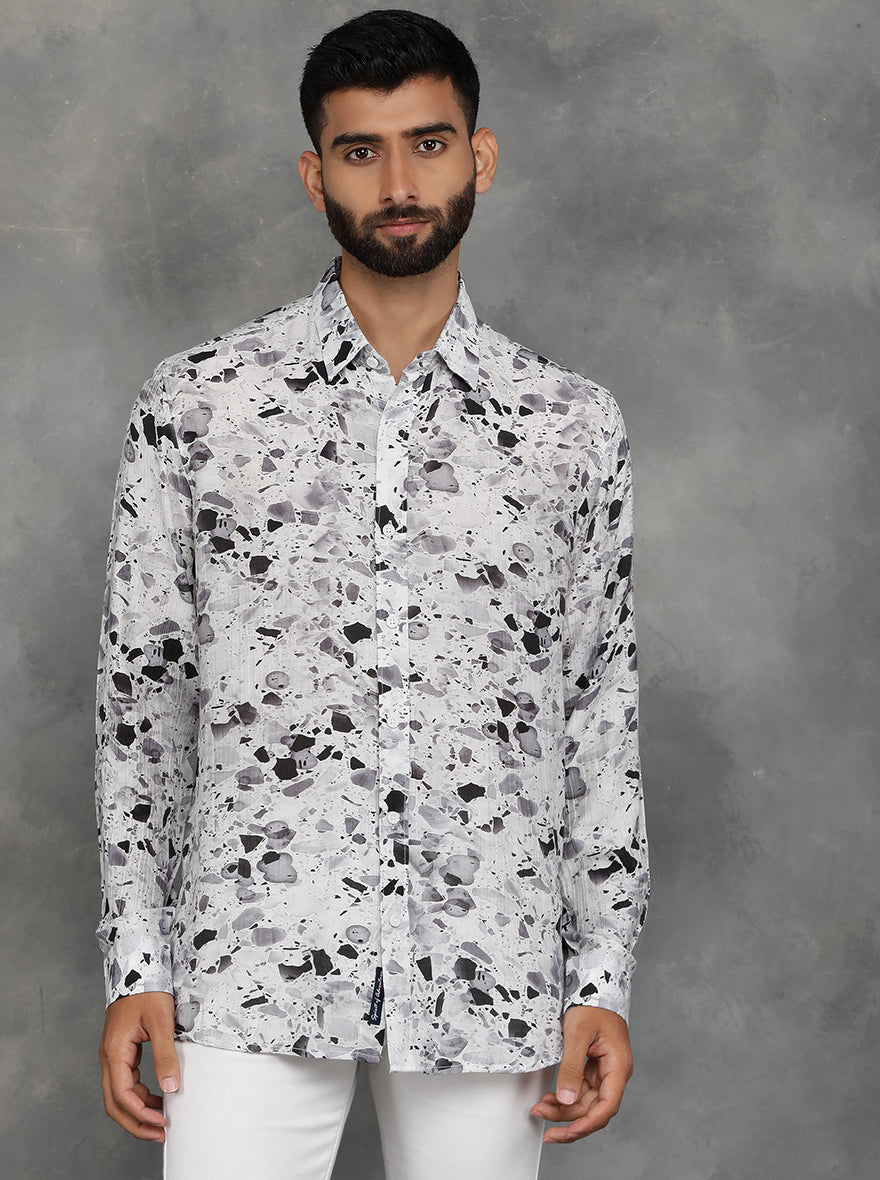 Light Grey Printed Slim Fit Casual Shirt | pehervi