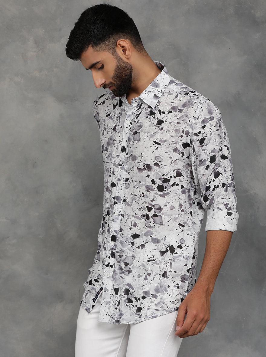 Light Grey Printed Slim Fit Casual Shirt | pehervi