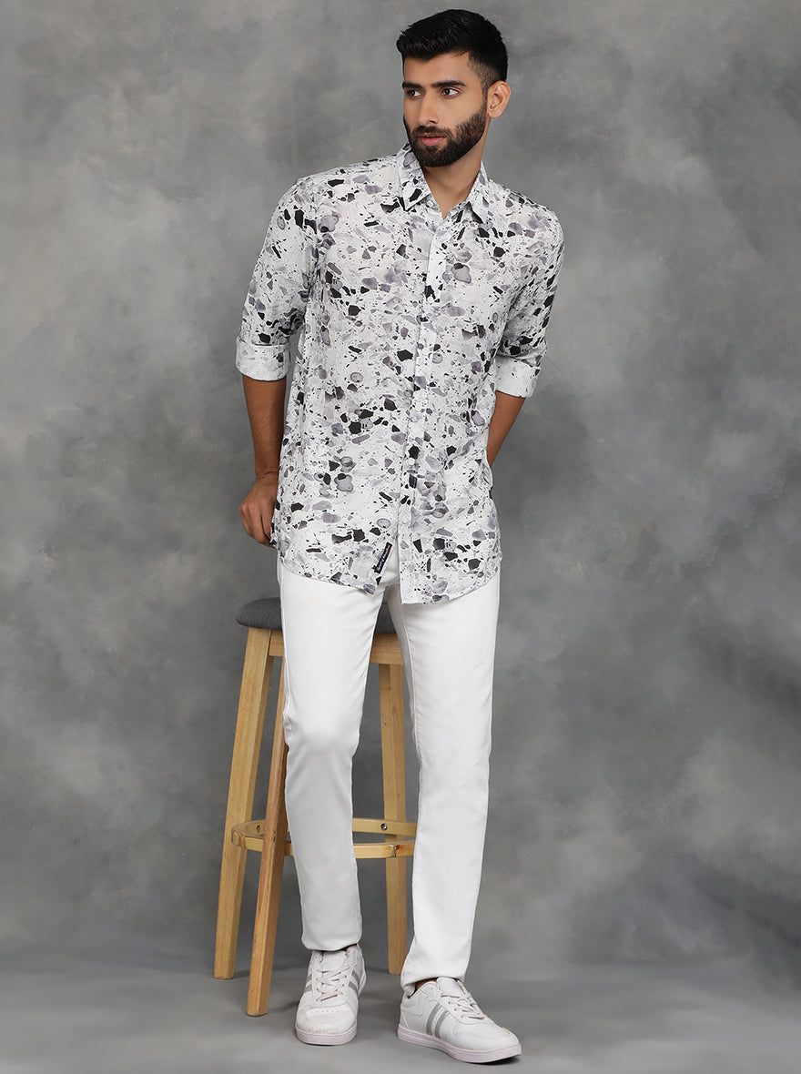 Light Grey Printed Slim Fit Casual Shirt | pehervi