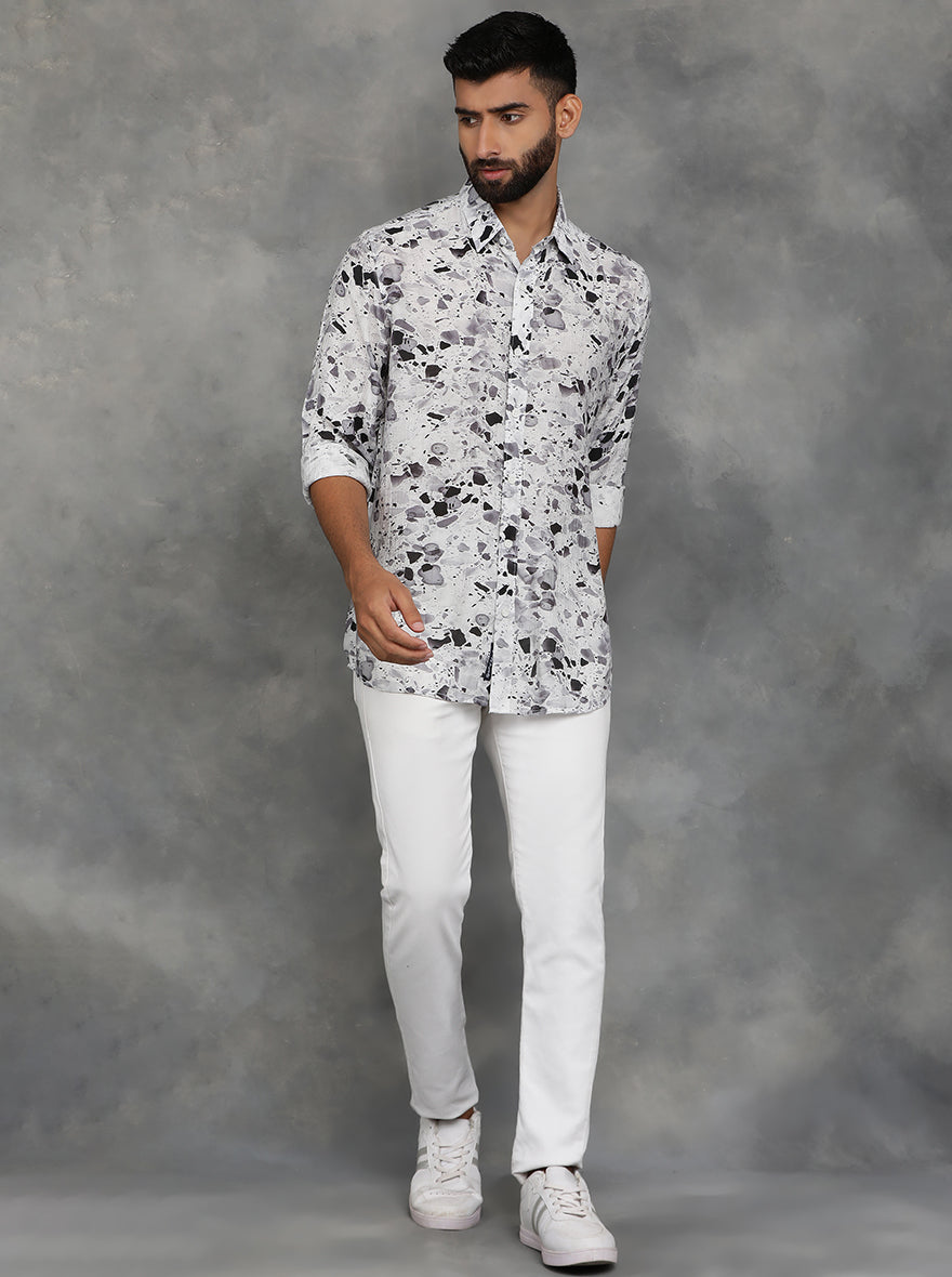 Light Grey Printed Slim Fit Casual Shirt | pehervi