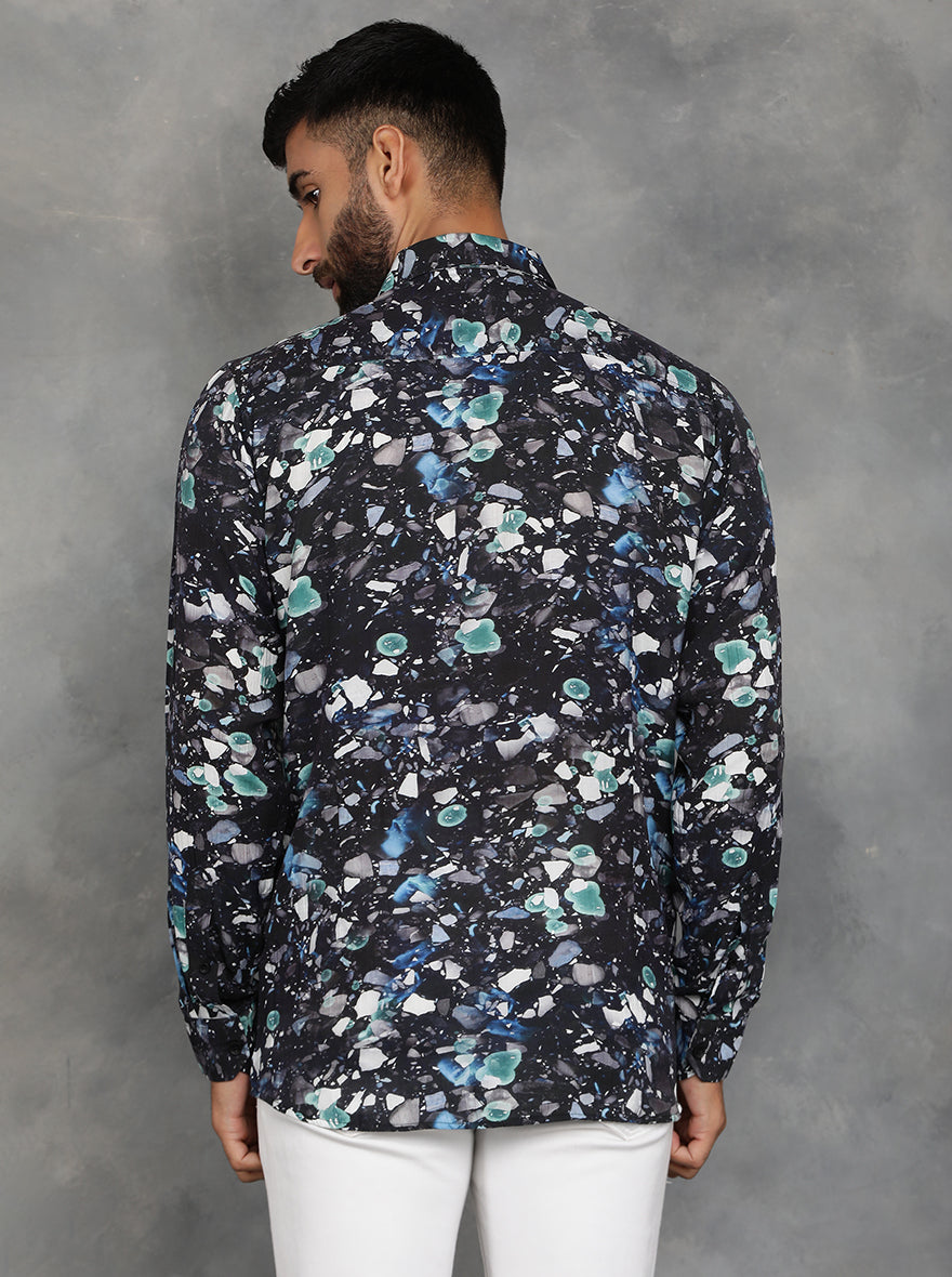 Black Printed Slim Fit Casual Shirt | pehervi