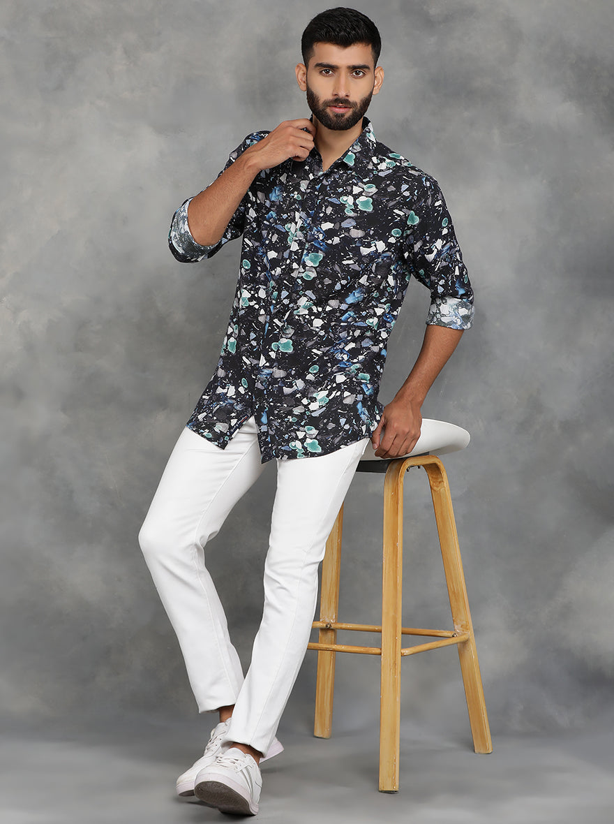 Black Printed Slim Fit Casual Shirt | pehervi