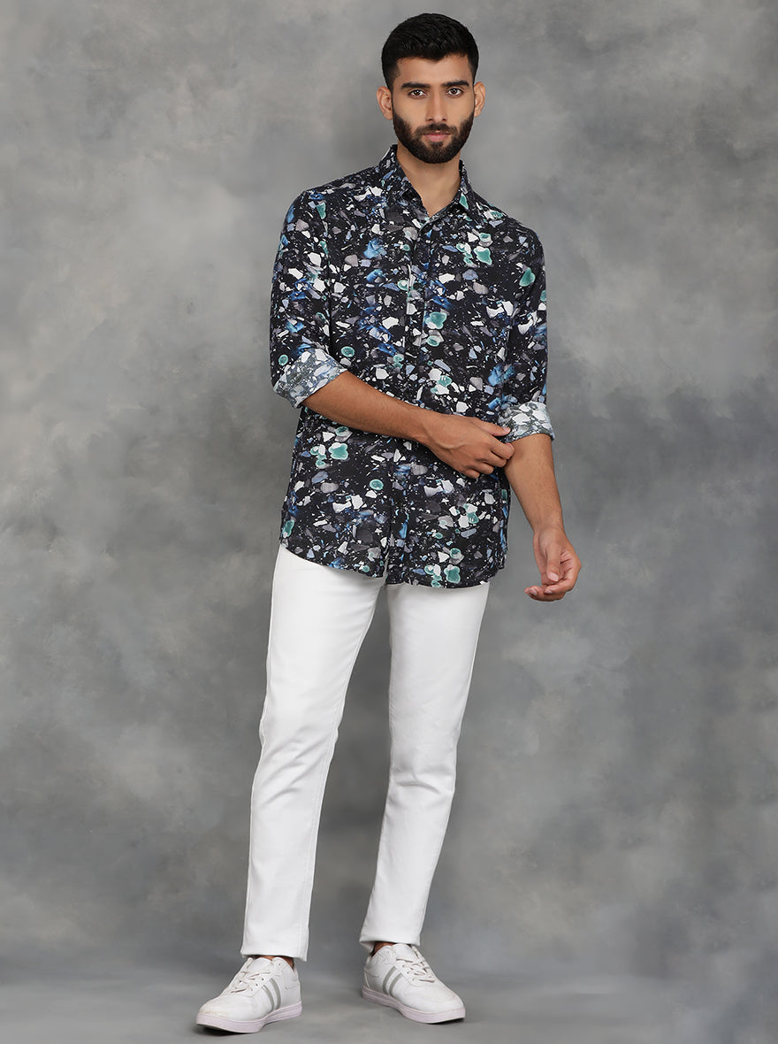 Black Printed Slim Fit Casual Shirt | pehervi