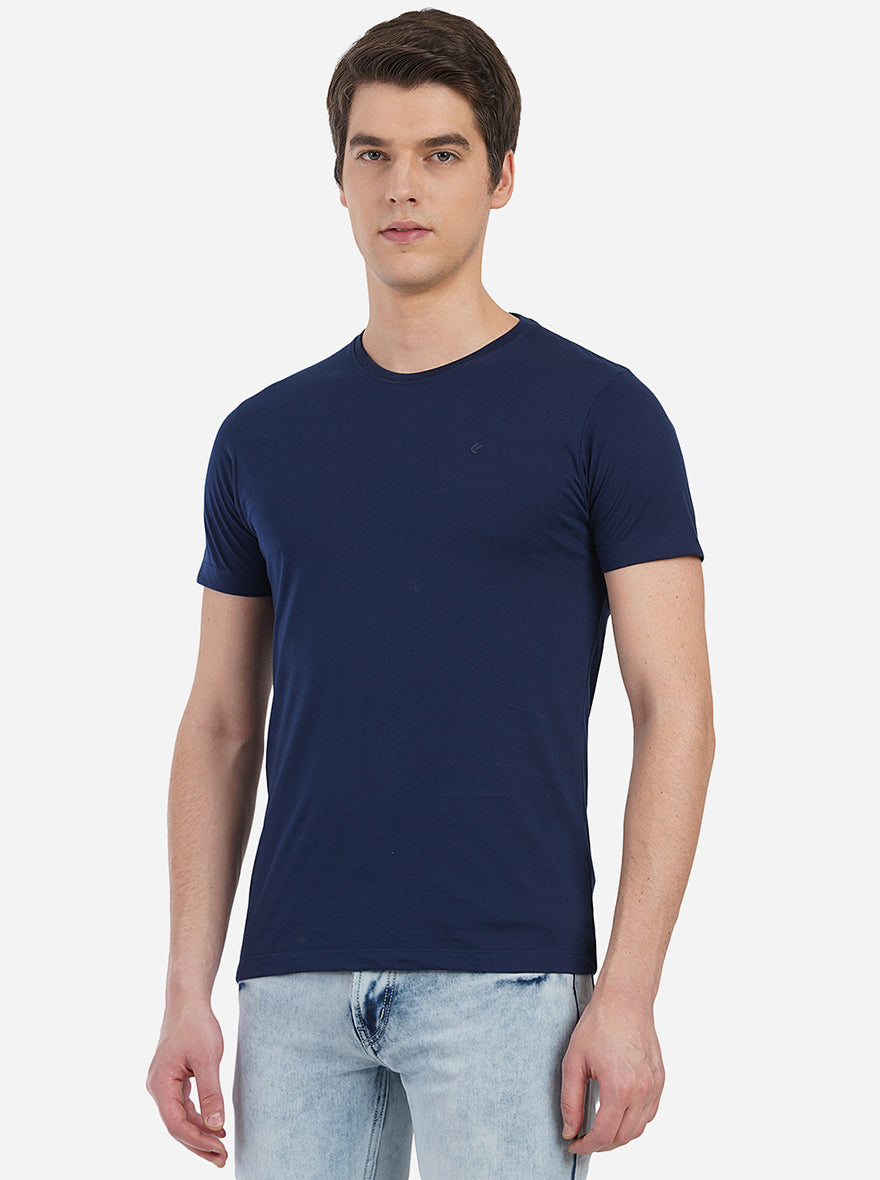Dress Blue Solid Slim Fit T-Shirt | pehervi