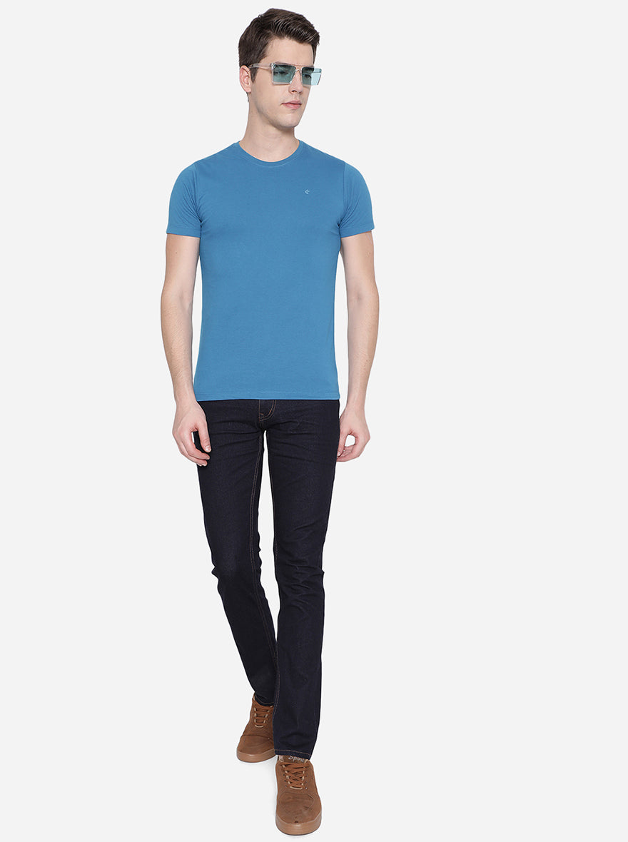 Seaport Blue Solid Slim Fit T-Shirt | pehervi