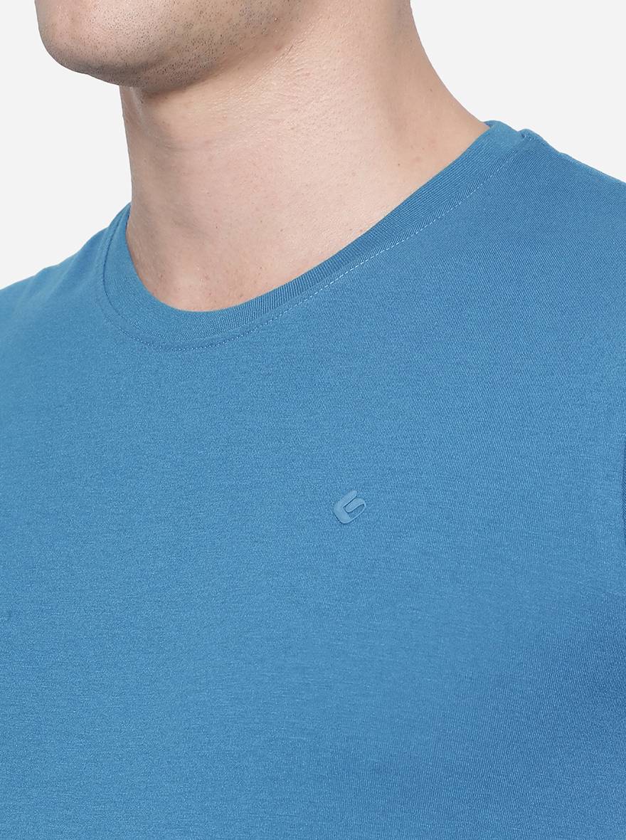 Seaport Blue Solid Slim Fit T-Shirt | pehervi