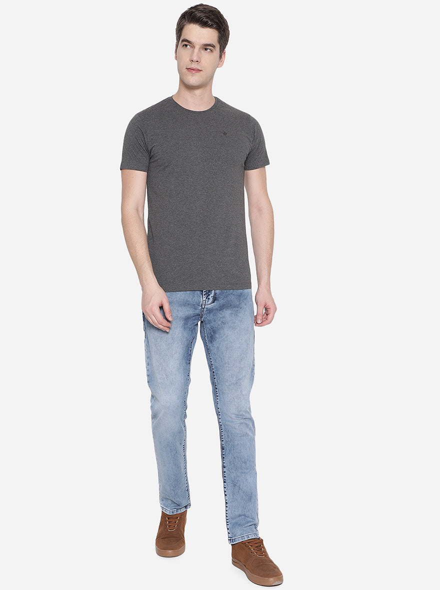 Charcoal Grey Solid Slim Fit T-Shirt | pehervi