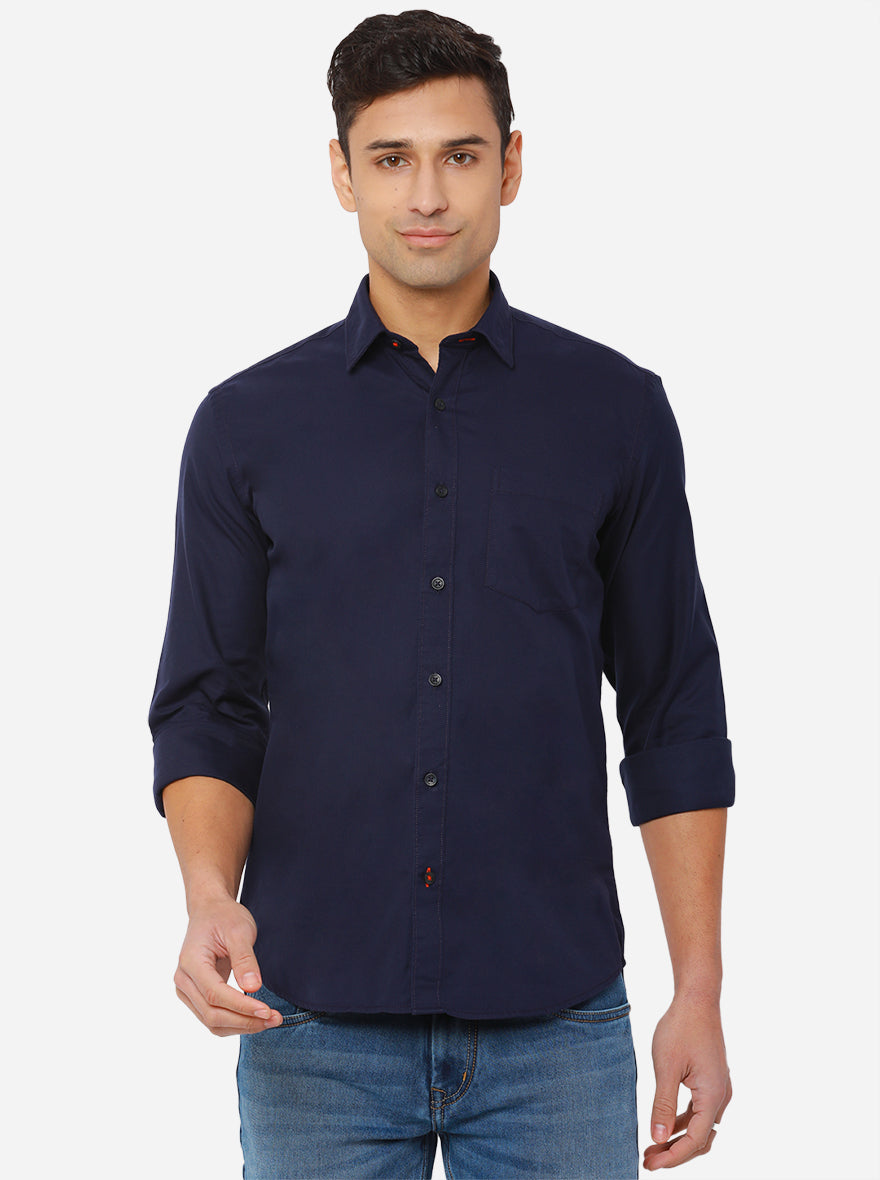 Navy Blue Solid Slim Fit Semi Casual Shirt | Pehervi