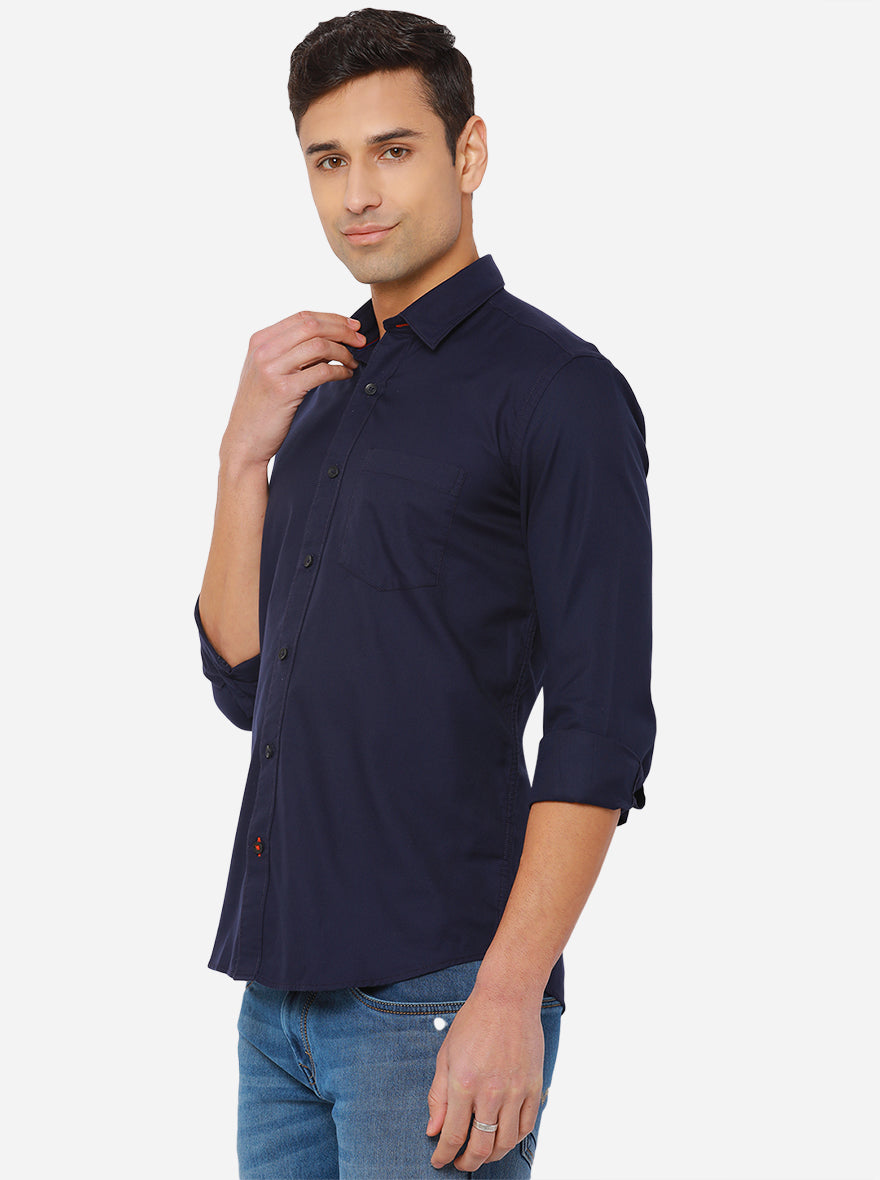 Navy Blue Solid Slim Fit Semi Casual Shirt | Pehervi